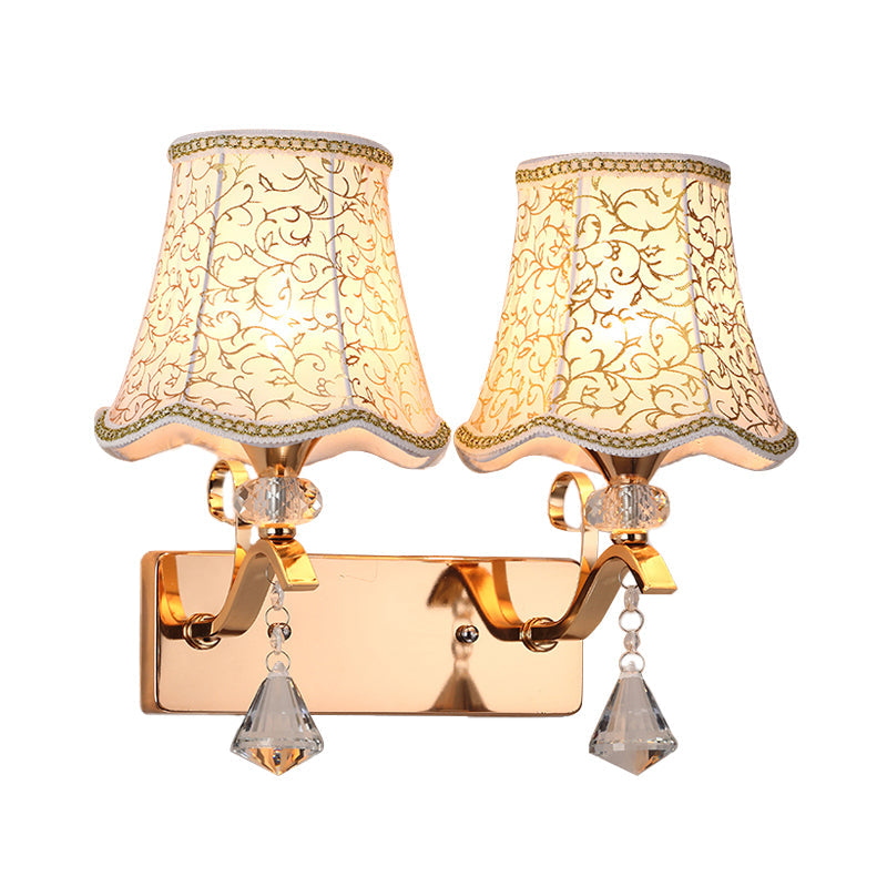 Modernist Wall Mount Light With Empire Fabric Shade And Dual Bulbs For Bedroom