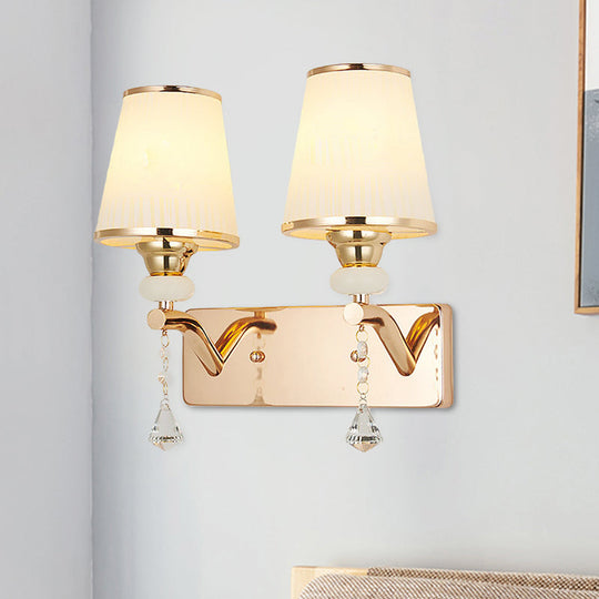 Gold Crystal Wall Sconce With Conical Shades - 2 Bulb Contemporary Mount Light