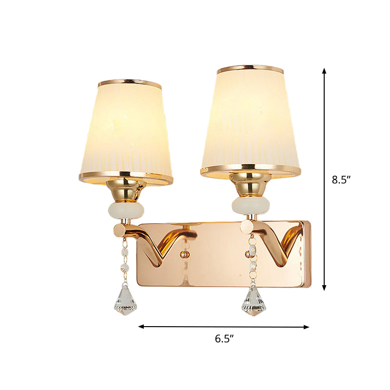 Gold Crystal Wall Sconce With Conical Shades - 2 Bulb Contemporary Mount Light