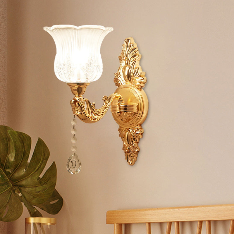 Modernist Crystal Shade Gold Wall Sconce: Elegant Bell Flower Design 1-Light Living Room Lamp /