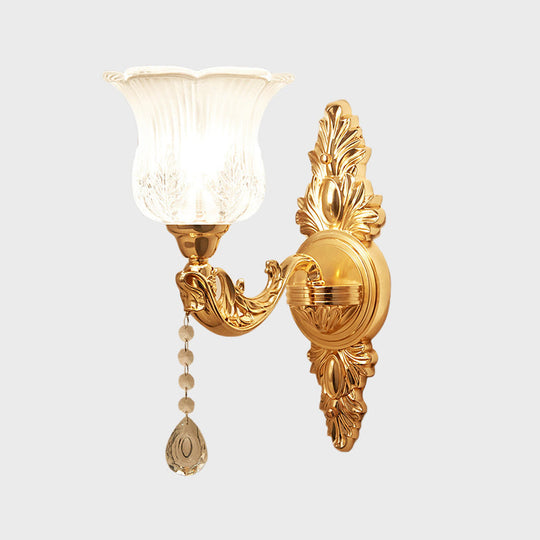Modernist Crystal Shade Gold Wall Sconce: Elegant Bell Flower Design 1-Light Living Room Lamp