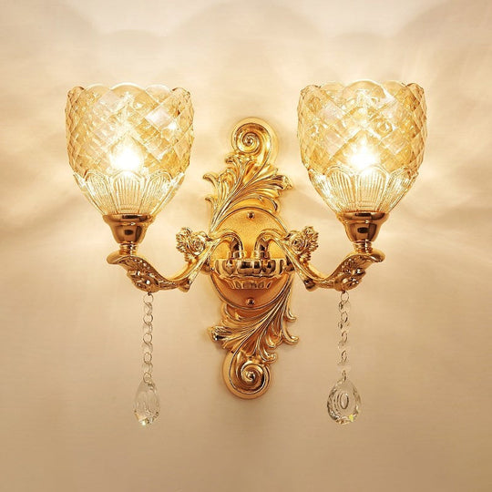 European Gold Textured Crystal Wall Sconce: 2-Light Dome/Flower Up Lamp Fixture