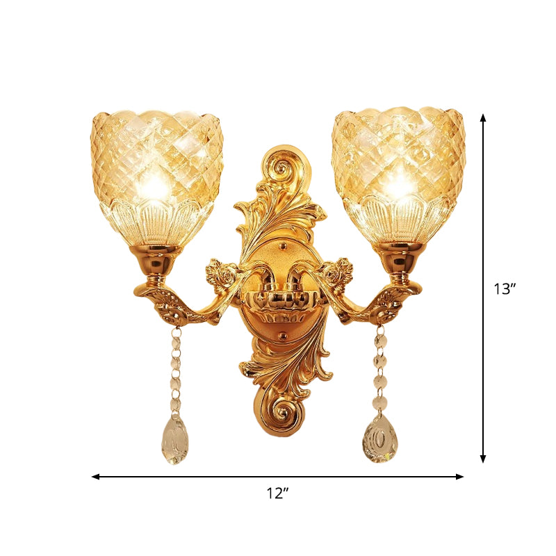 European Gold Textured Crystal Wall Sconce: 2-Light Dome/Flower Up Lamp Fixture
