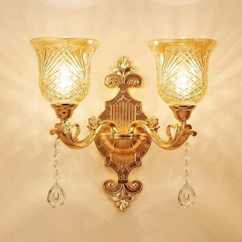 European Gold Textured Crystal Wall Sconce: 2-Light Dome/Flower Up Lamp Fixture