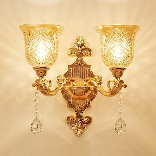 European Gold Textured Crystal Wall Sconce: 2-Light Dome/Flower Up Lamp Fixture