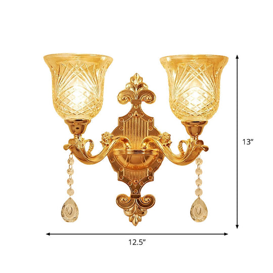 European Gold Textured Crystal Wall Sconce: 2-Light Dome/Flower Up Lamp Fixture