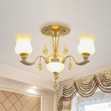 Tulip Flower Semi Flush Gold Ceiling Light For Modern Bedrooms - 3-Light Milk Glass