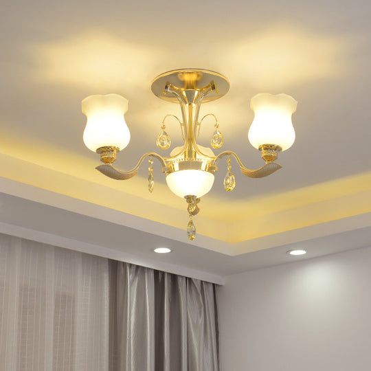 Tulip Flower Semi Flush Gold Ceiling Light For Modern Bedrooms - 3 - Light Milk Glass