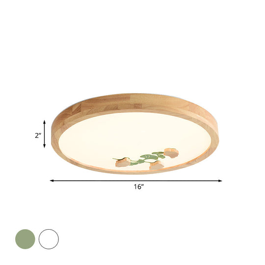 Wood Led Flushmount Ceiling Lamp With Ginkgo Leaf On Circle Design - Ideal For Bedroom Lighting
