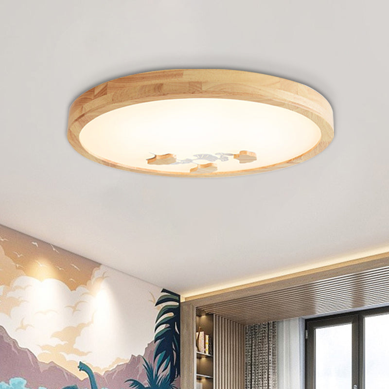Wood Led Flushmount Ceiling Lamp With Ginkgo Leaf On Circle Design - Ideal For Bedroom Lighting