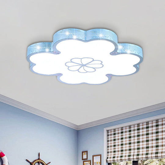 Ultrathin Acrylic Led Bedroom Flush Mount Lamp With Cartoon Flower Design In White/Blue