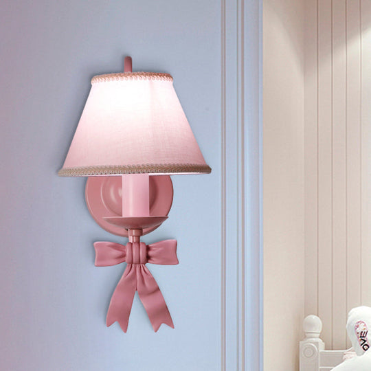 Macaron Pink Bow Wall Lamp With Fabric Shade - Bedroom Mounted Light 1 /