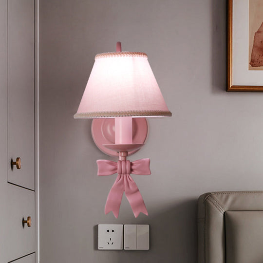 Macaron Pink Bow Wall Lamp With Fabric Shade - Bedroom Mounted Light