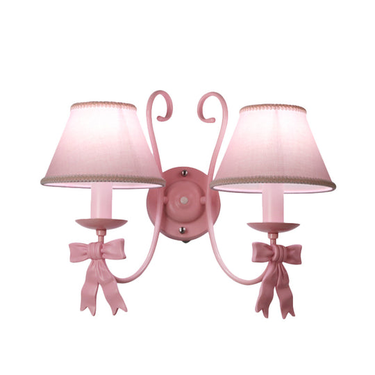 Macaron Pink Bow Wall Lamp With Fabric Shade - Bedroom Mounted Light