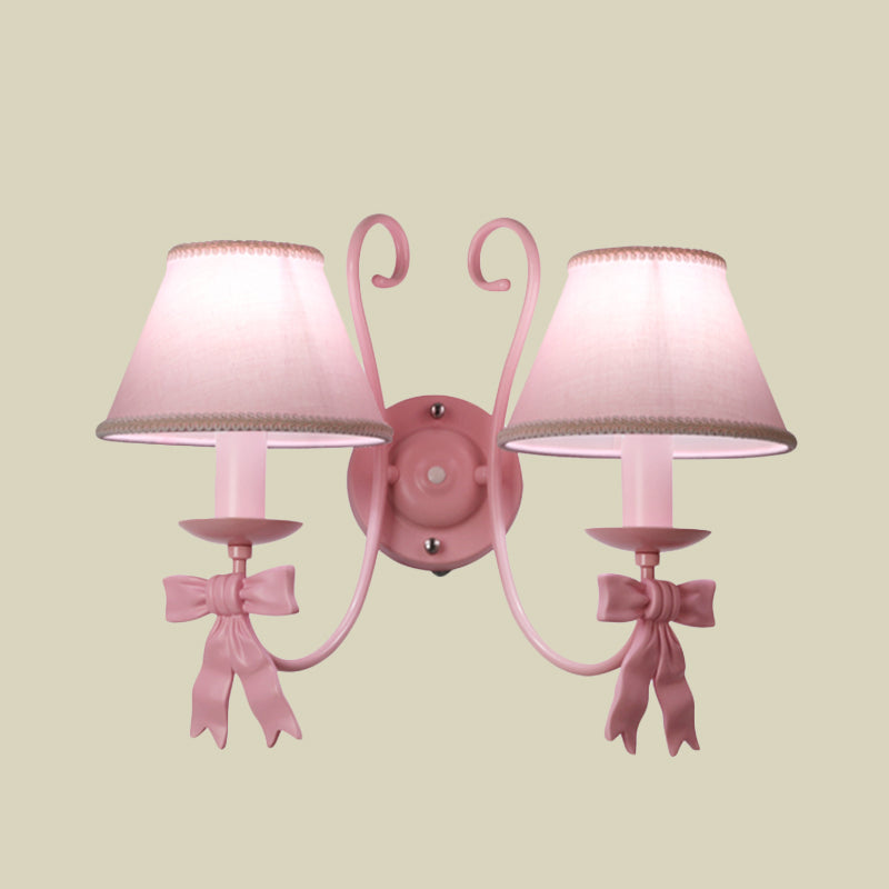 Macaron Pink Bow Wall Lamp With Fabric Shade - Bedroom Mounted Light