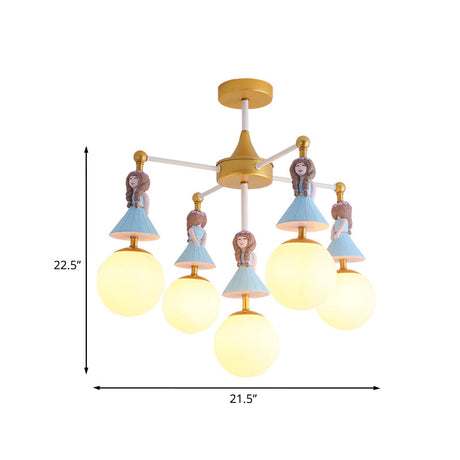 Cartoon Girl Flush Mount Ceiling Light: Blue Resin 5-Bulb Kids Bedroom Fixture With White Glass