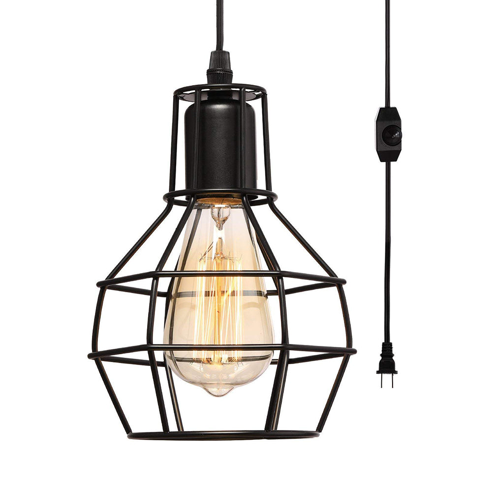 Retro Loft Black Metal Hanging Ceiling Light With Globe Cage Shade - Plug-In Suspension