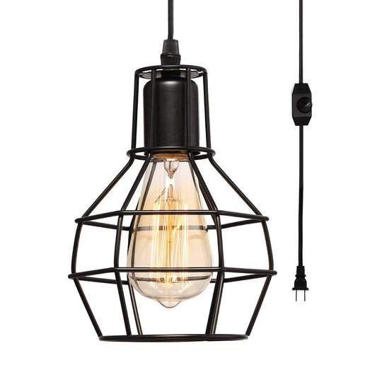 Retro Loft Black Metal Hanging Ceiling Light With Globe Cage Shade - Plug-In Suspension