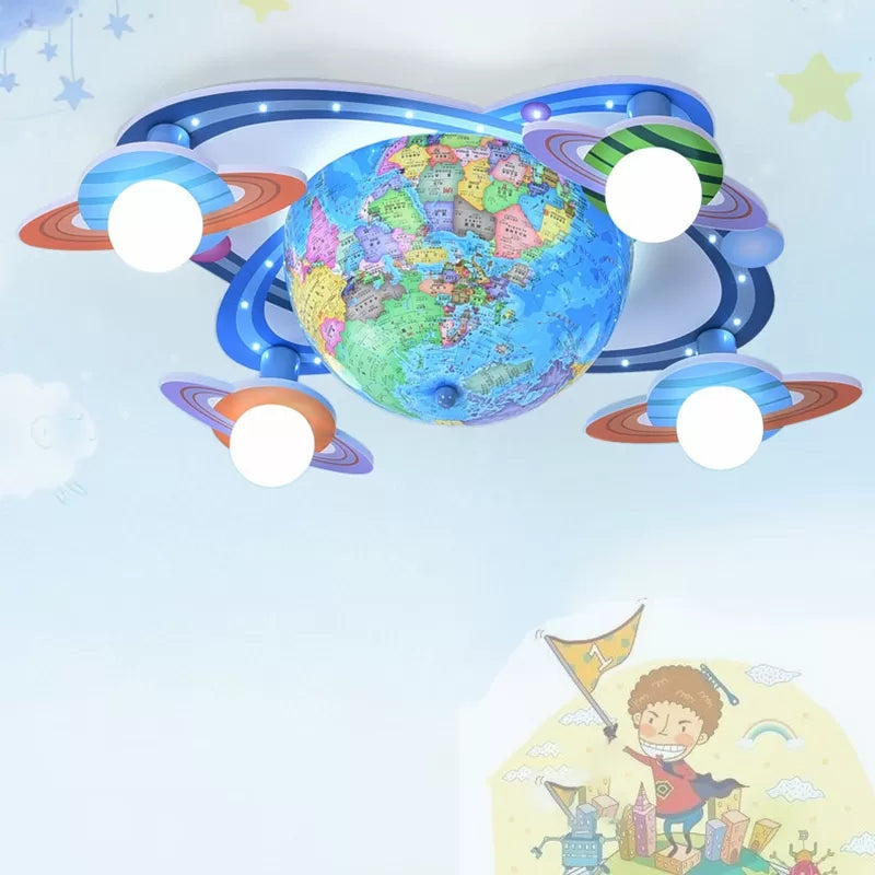Modern Blue Wood Globe Ceiling Mount Light With Four Heads - Perfect For Baby Bedroom