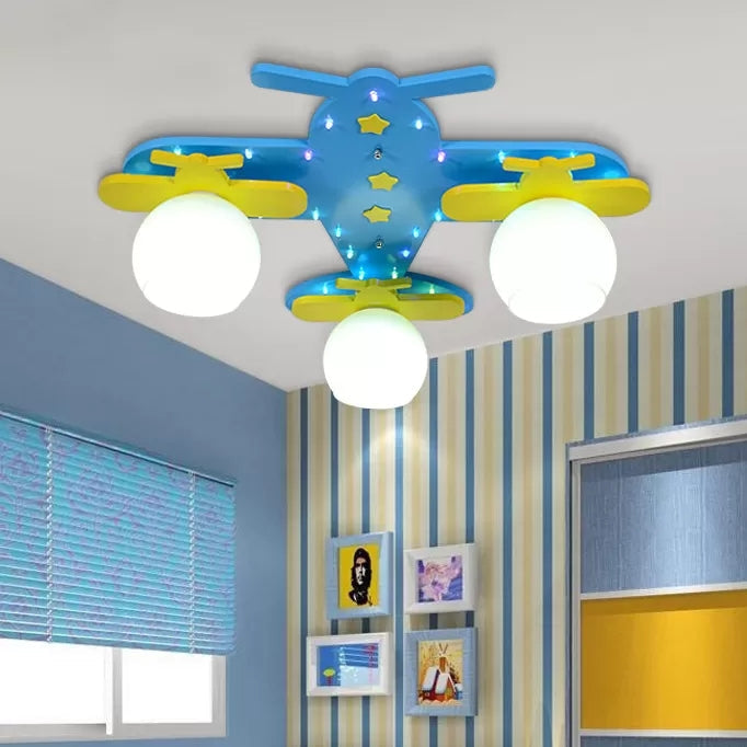 Kindergarten Ceiling Light: Cartoon Wood Flush Mount Propeller Plane Fixture - Blue (3 Bulbs)