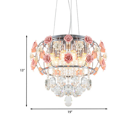 Modern Chrome Drum Cage Pendant Chandelier With Crystalline Pink Rose Accent - Dining Table