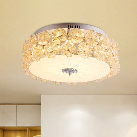Purple/White Led Flush Light Ceiling Lamp With Crystal Flower Accents