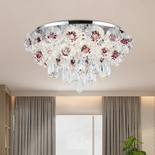 Contemporary Crystal Flower Ceiling Lamp - 3-Light Flushmount Lighting For Living Room