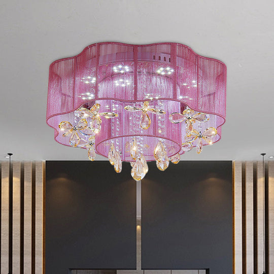 Led Flower Ceiling Light With Crystal Drops - Gold/Pink Modern 2-Layer Fabric Mount Pink