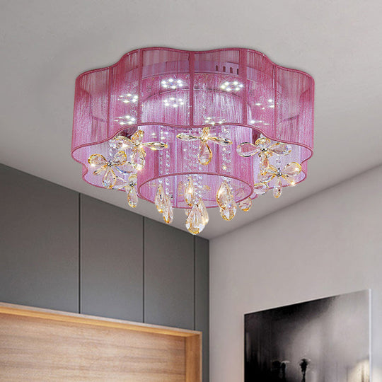 Led Flower Ceiling Light With Crystal Drops - Gold/Pink Modern 2 - Layer Fabric Mount