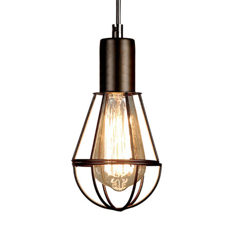 Vintage Industrial Cage Pendant Light - Small Black Metal Hanging Lamp For Living Room