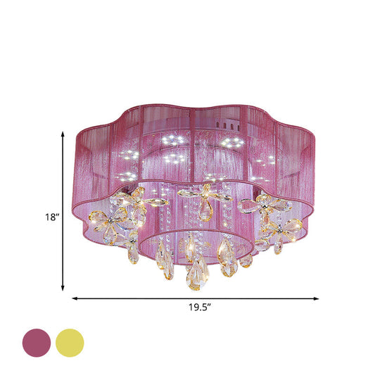 Led Flower Ceiling Light With Crystal Drops - Gold/Pink Modern 2 - Layer Fabric Mount