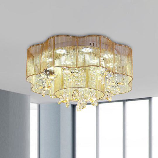 Led Flower Ceiling Light With Crystal Drops - Gold/Pink Modern 2-Layer Fabric Mount Gold