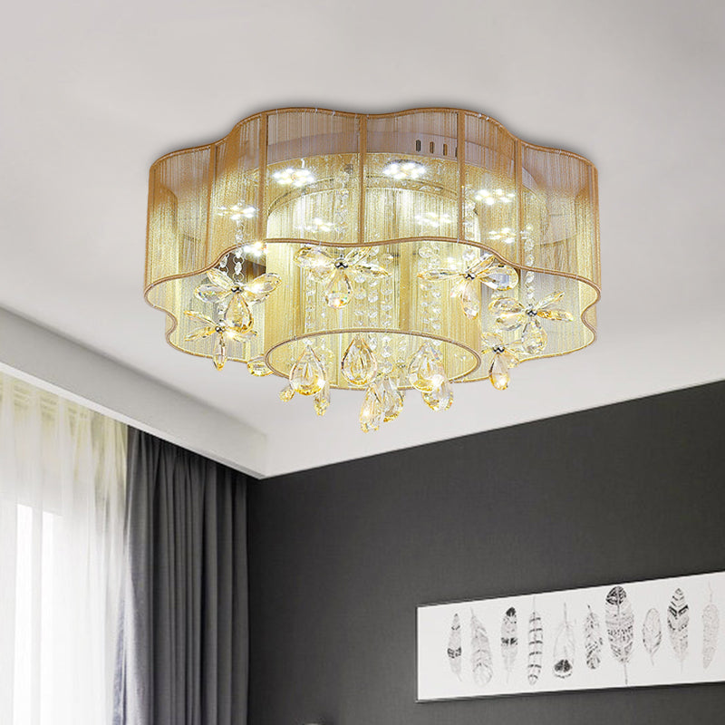 Led Flower Ceiling Light With Crystal Drops - Gold/Pink Modern 2 - Layer Fabric Mount