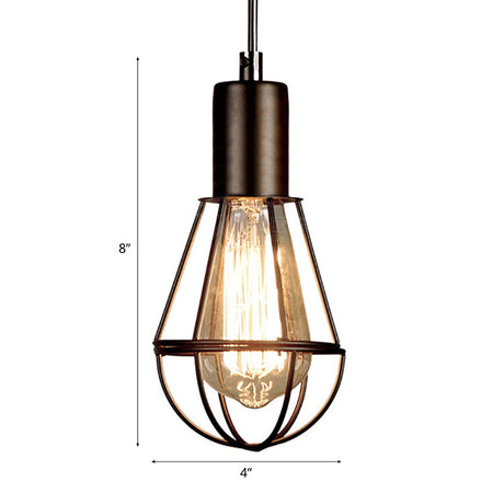 Vintage Industrial Cage Pendant Light - Small Black Metal Hanging Lamp For Living Room