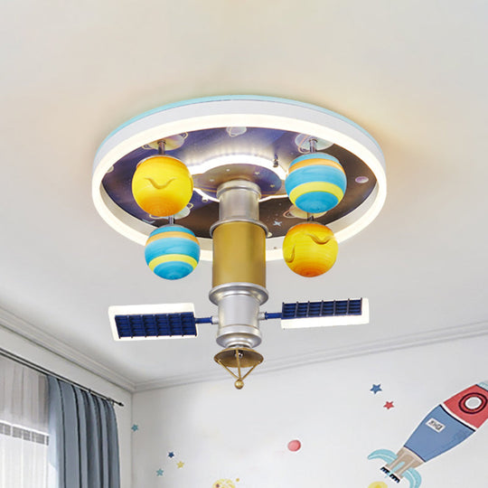 Cartoon Acrylic Led Kid-Bedroom Flush Ceiling Lamp In Yellow And Blue - Satellite Mount Fixture