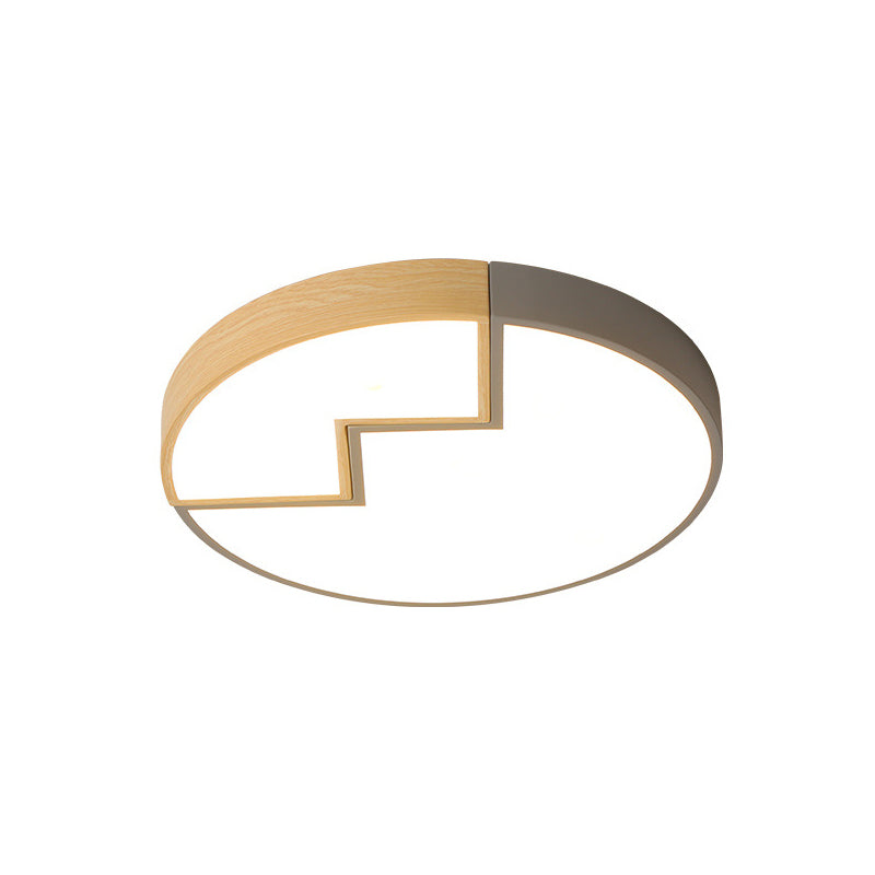 Stylish Round Macaron Flush Mounted Lamp In Grey/Green And Wood - Led Splicing Bedroom Lighting