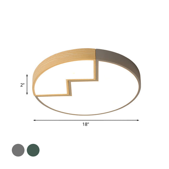 Stylish Round Macaron Flush Mounted Lamp In Grey/Green And Wood - Led Splicing Bedroom Lighting