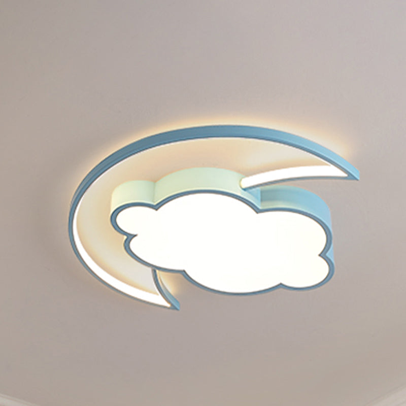 Kid’s Led Moon And Cloud Flushmount Ceiling Light In Blue/Pink