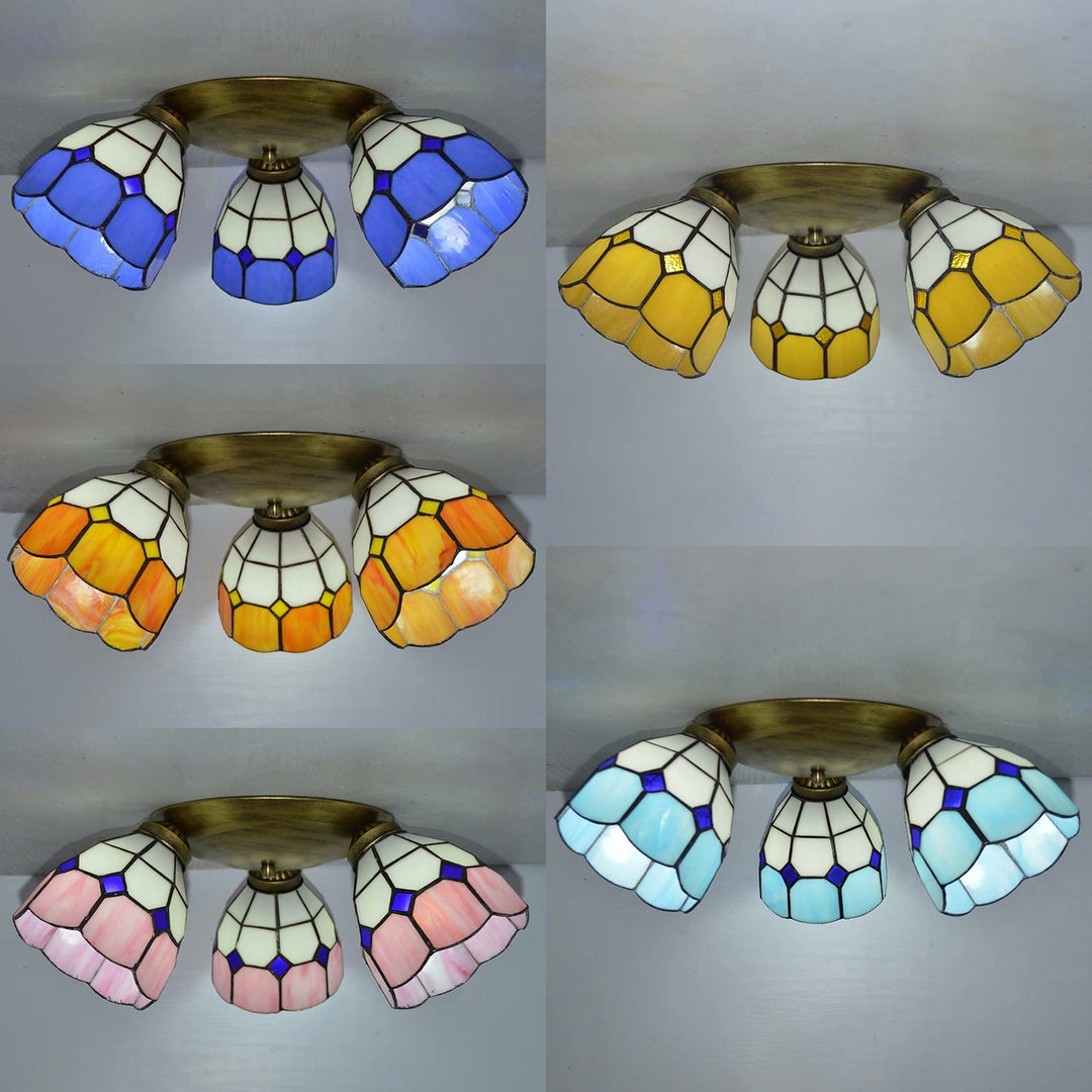 Tiffany Dome Stained Glass Ceiling Fixture With 3 Lights - Flush Mount Light In Colorful Hues