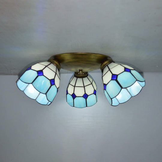 Tiffany Dome Stained Glass Ceiling Fixture With 3 Lights - Flush Mount Light In Colorful Hues