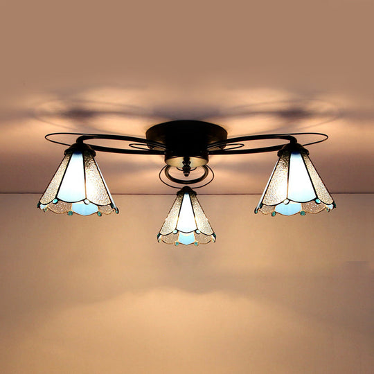 Retro Geometric Flushmount Ceiling Light With Stained Glass - White/Sky Blue/Clear/Dark Blue