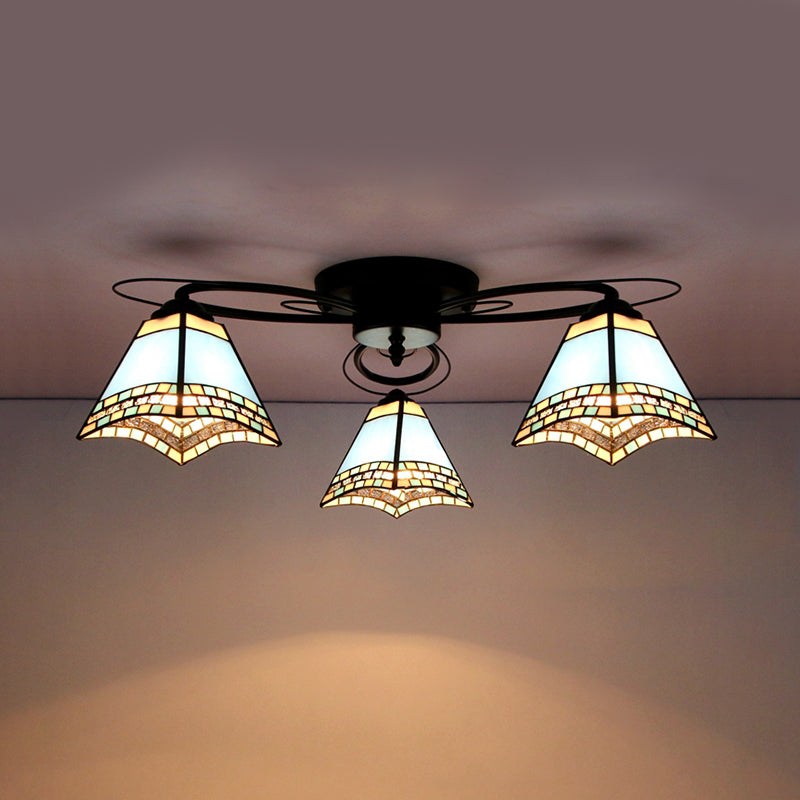 Retro Geometric Flushmount Ceiling Light With Stained Glass - White/Sky Blue/Clear/Dark Blue