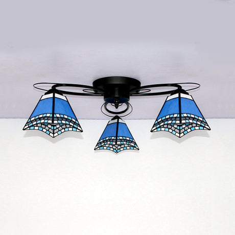 Retro Geometric Flushmount Ceiling Light With Stained Glass - White/Sky Blue/Clear/Dark Blue Bedroom