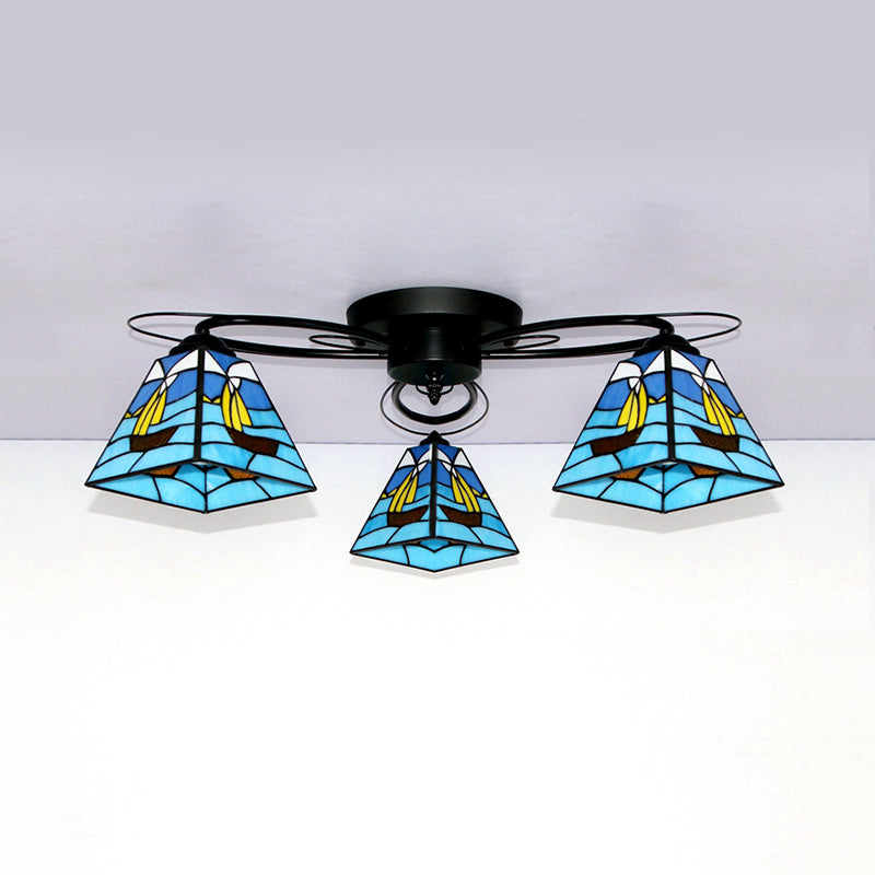 Retro Geometric Flushmount Ceiling Light With Stained Glass - White/Sky Blue/Clear/Dark Blue