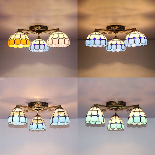 Country Style 3-Light Stained Glass Ceiling Light With Scalloped Edges In Blue And Clear