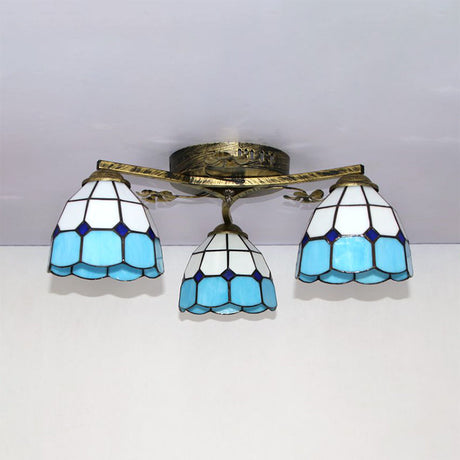 Country Style 3-Light Stained Glass Ceiling Light With Scalloped Edges In Blue And Clear