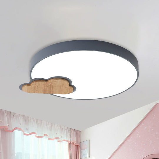 Circle Flush Macaron Led Ceiling Light With Grey/Green Finish And Cloud Wood Detail - White/Warm