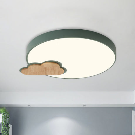 Circle Flush Macaron Led Ceiling Light With Grey/Green Finish And Cloud Wood Detail - White/Warm