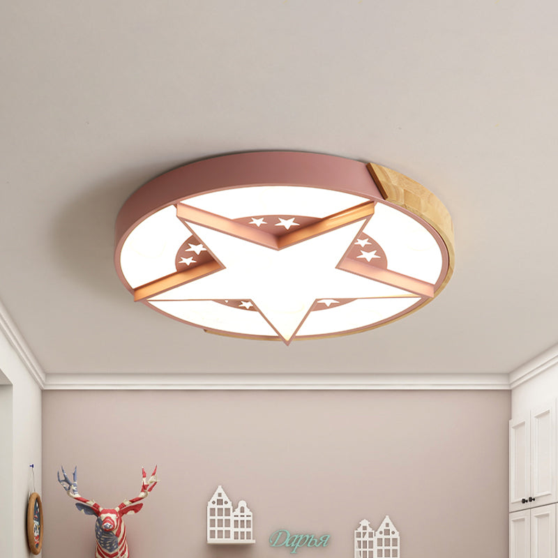 Round Metal Led Macaron Flush Mount Ceiling Light In White/Pink/Blue And Wood For Star-Themed