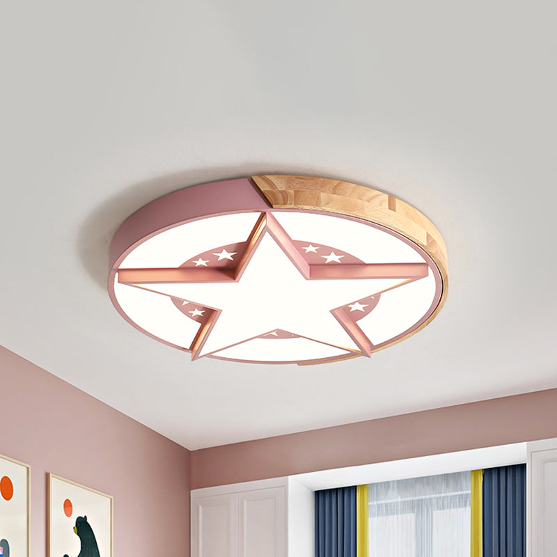 Round Metal Led Macaron Flush Mount Ceiling Light In White/Pink/Blue And Wood For Star - Themed
